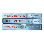 Three paperback fiction books by JP Delaney, The Girl Before, Believe Me, and The Perfect Wife, from the Quercus collection.