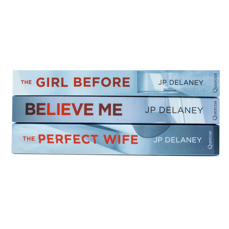 Three paperback fiction books by JP Delaney, The Girl Before, Believe Me, and The Perfect Wife, from the Quercus collection.