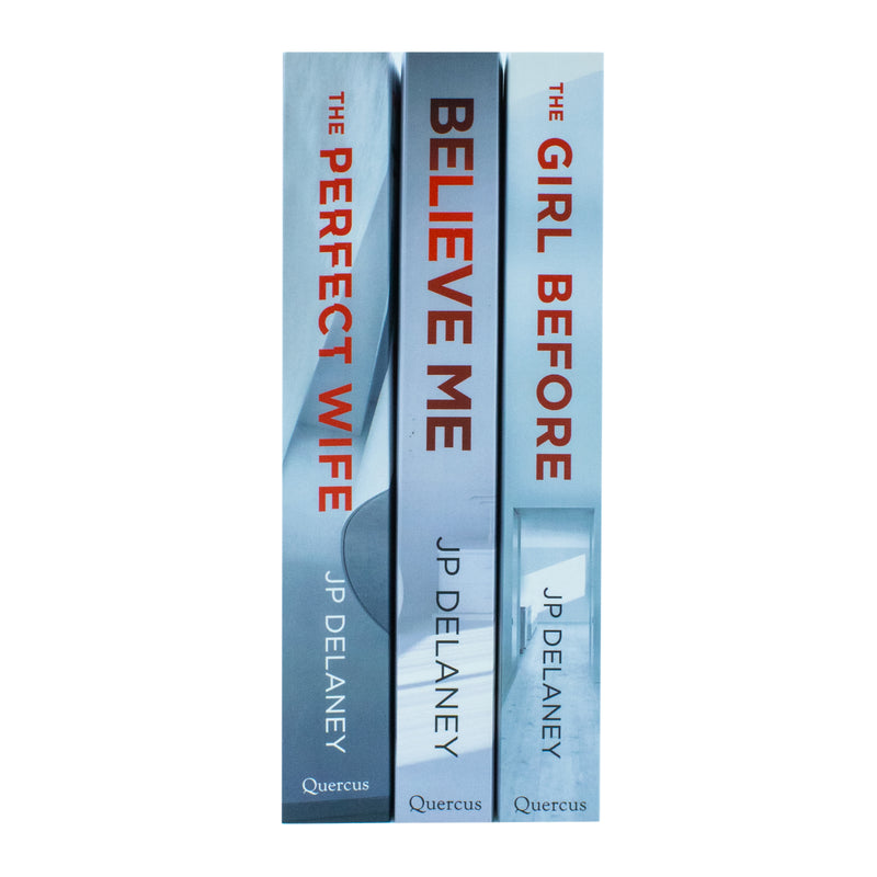 Three paperback fiction books by JP Delaney, The Girl Before, Believe Me, and The Perfect Wife, from the Quercus collection.