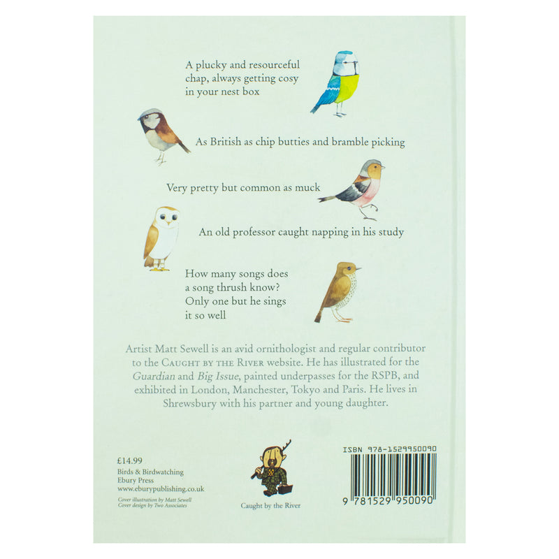 Illustrated cover of "Our Garden Birds" guide by Matt Sewell, featuring colorful British garden bird illustrations.