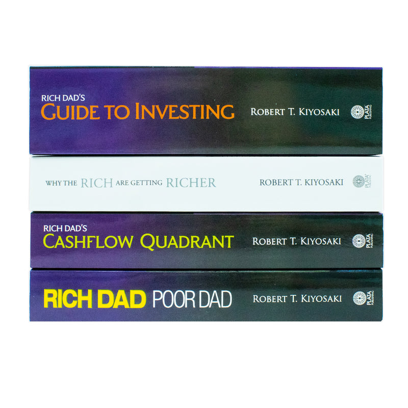 Set of four Robert T. Kiyosaki books including Rich Dad Poor Dad and Cashflow Quadrant, published by Plata Publishing Ltd.