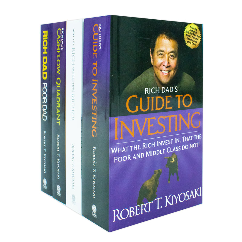 Four books from Robert T. Kiyosaki's collection including Rich Dad Poor Dad and Cashflow Quadrant, published by Plata Publishing Ltd.
