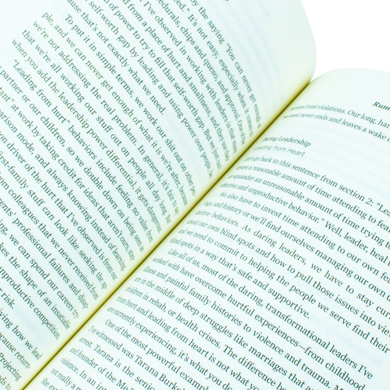 Paperback of Dare to Lead by Brene Brown, featuring bold lettering on the cover with the title and author's name visible.