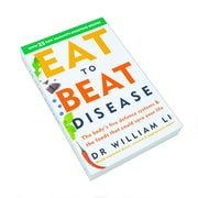 Paperback book titled "Eat to Beat Disease" by Dr. William Li, featuring vibrant cover art with the title and author's name.