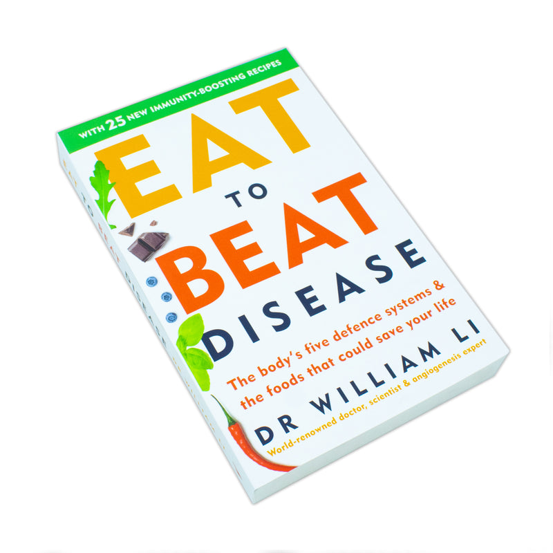 Paperback book titled "Eat to Beat Disease" by Dr. William Li, featuring vibrant cover art with the title and author's name.