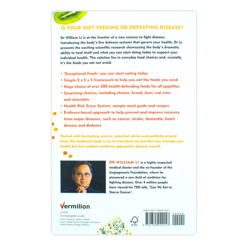 Paperback book titled "Eat to Beat Disease" by Dr. William Li, featuring cover art with colorful health-related graphics.