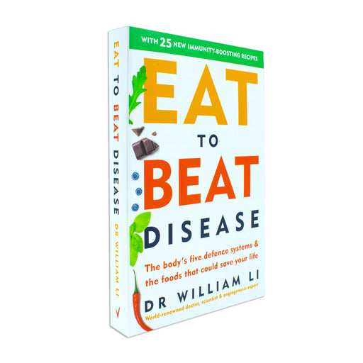 Paperback book titled "Eat to Beat Disease" by Dr. William Li, showing the cover with vibrant design and title text.