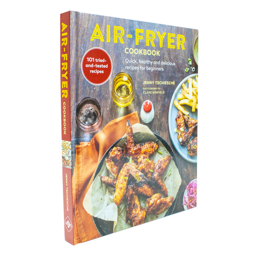 Air-fryer cookbook by Jenny Tschiesche featuring quick, healthy recipes for beginners, with colorful dish images and recipe pages.