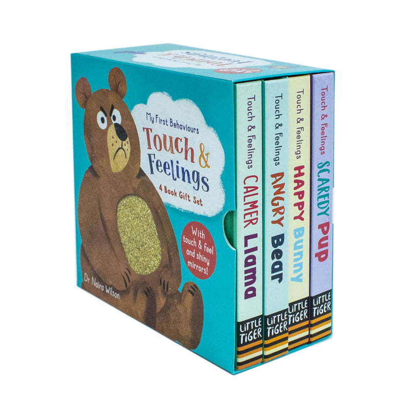 Set of four touch and feel books on behaviors and feelings from Dr Naira Wilson’s Little Tiger My First Behaviours collection, for young children.