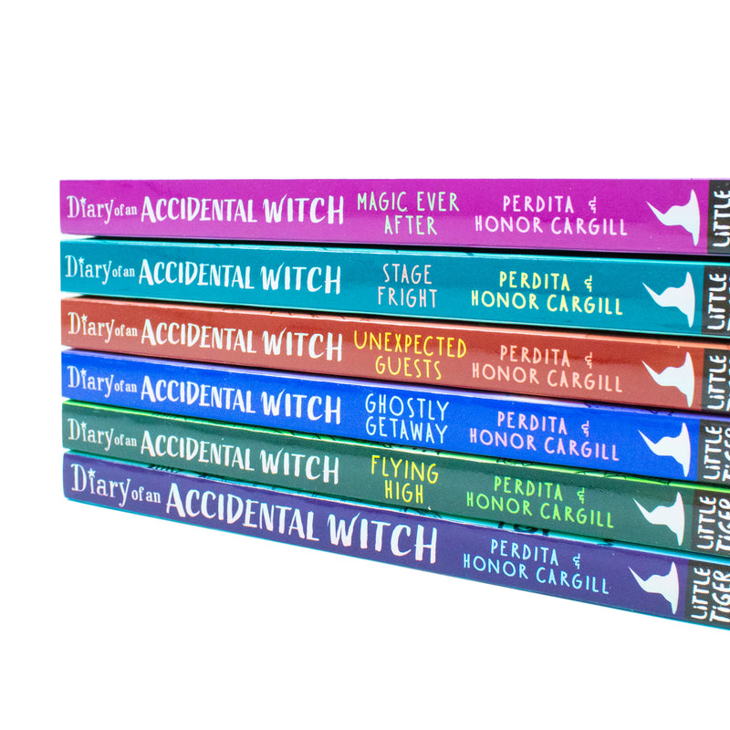 Six-book set of "Diary of an Accidental Witch" series by Honor and Perdita Cargill, featuring colorful book covers from Little Tiger Ltd.