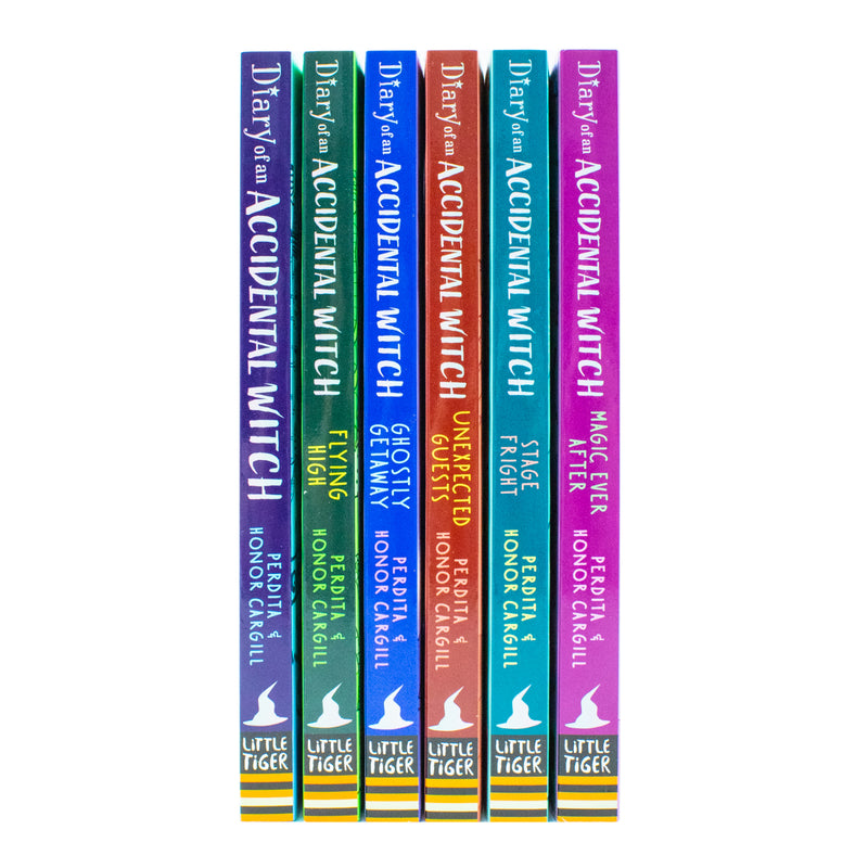 Six-book set of "Diary of an Accidental Witch" series by Honor and Perdita Cargill, featuring colorful book covers in a Little Tiger Ltd edition.