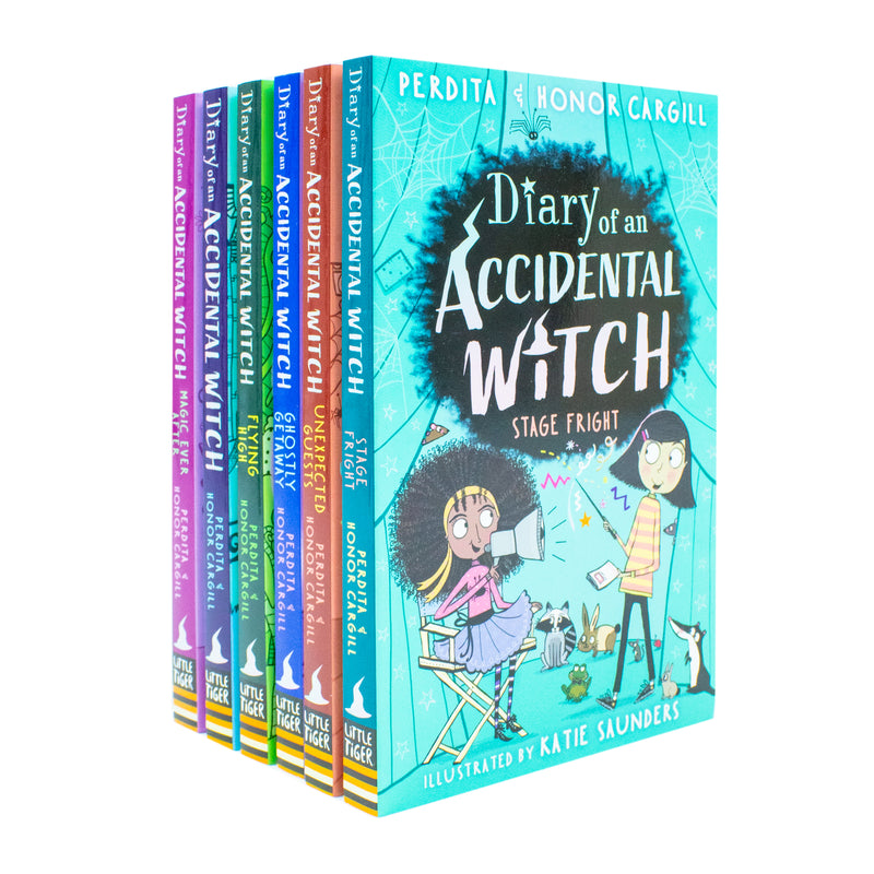 Set of six "Diary of an Accidental Witch" books by Honor and Perdita Cargill, published by Little Tiger Ltd, displayed together.