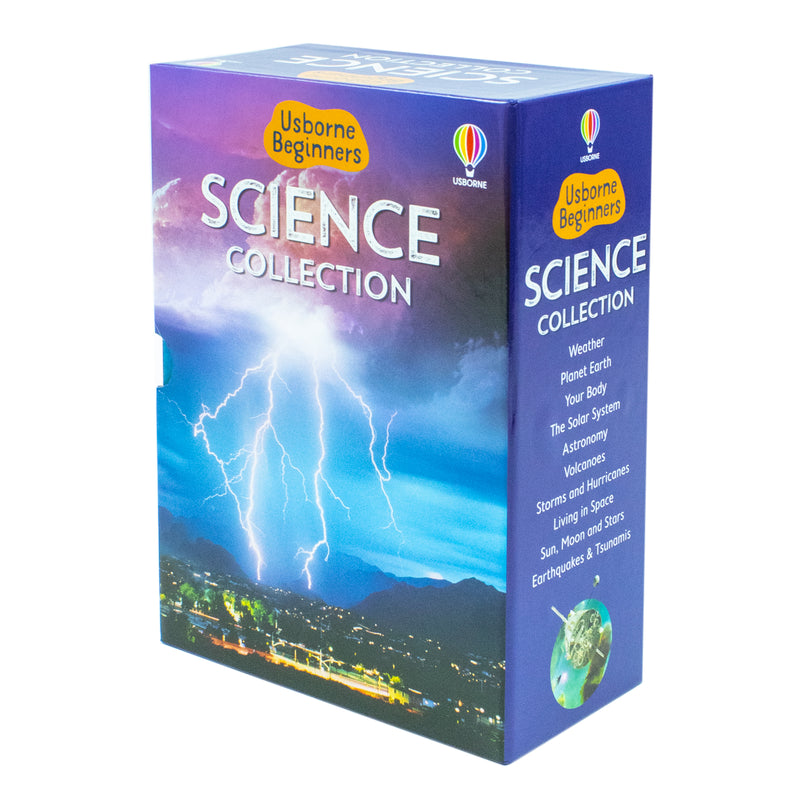 Usborne Beginners Science 10-book collection set including Sun, Moon, Stars, and Living in Space with colorful book covers.