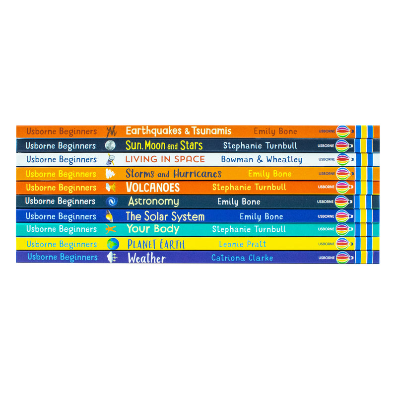 Set of ten Usborne Beginners Science books including Sun, Moon, Stars, and Living in Space, featuring colorful covers and space-themed illustrations.
