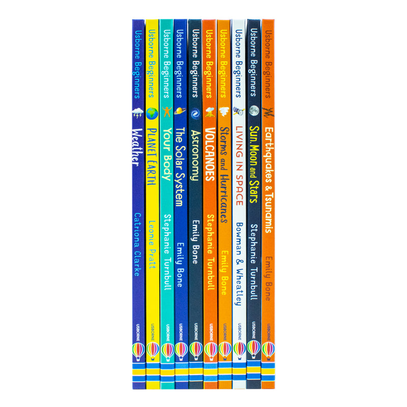 Set of Usborne Beginners Science books including Sun, Moon, Stars, and Living in Space, with colorful covers and space-themed illustrations.