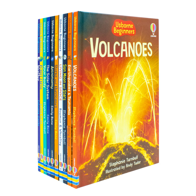Set of ten Usborne Beginners Science books, including topics on the sun, moon, stars, and living in space, with colorful covers and illustrations.