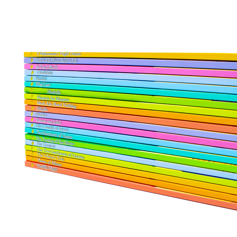 Set of William Shakespeare's stories for young readers by Fox Eye Publishing, featuring colorful book covers in a 20-book collection.