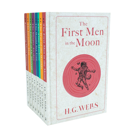 H. G. Wells classic edition book set with eight hardback volumes, including The First Men on the Moon, displayed together.