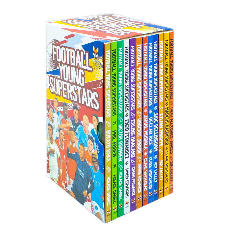 Football Young Superstars 12-book box set featuring Jude Bellingham, Marcus Rashford, Phil Foden, Bukayo Saka, and Kylian Mbappe.