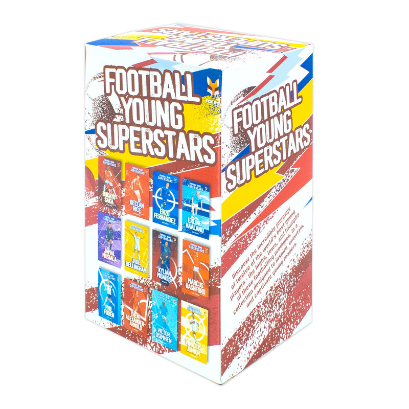 Football Young Superstars 12-book box set featuring Jude Bellingham, Rashford, Foden, Saka, Mbappe, by Fox Eye Publishing.