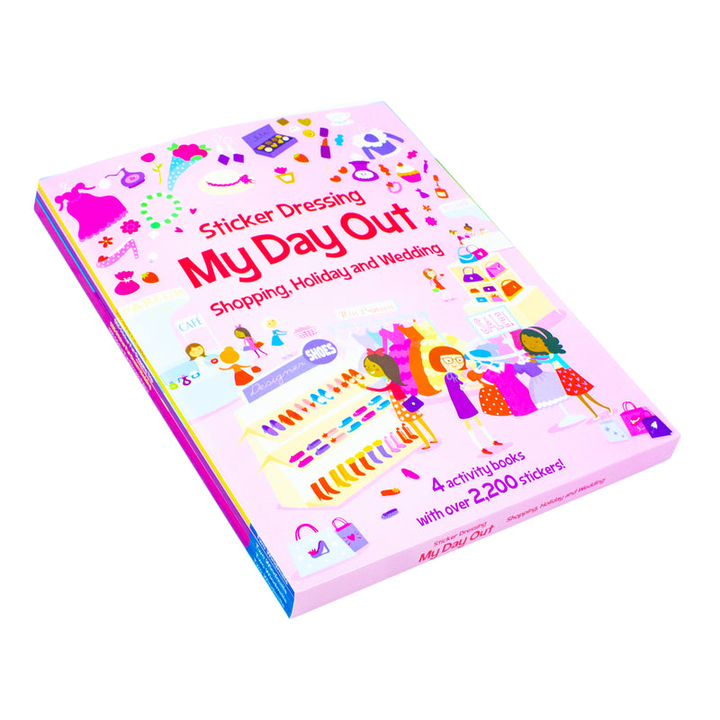 Sticker Dress Up 4 activity book set by Fox Eye Publishing featuring fashion, shopping, holiday, princess, and wedding dress-up scenes.