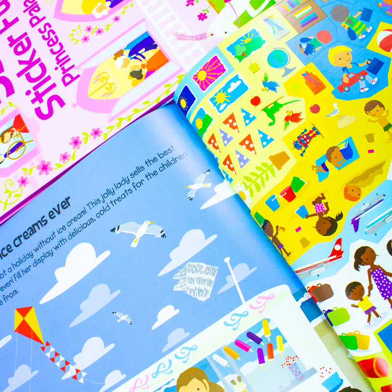 Sticker Dress Up 4 Activity Book set by Fox Eye Publishing featuring fashion shopping, holiday, princess palace, and wedding themes.
