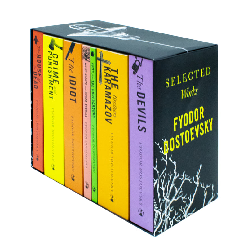 Set of seven classic Fyodor Dostoevsky books including Crime and Punishment in hardcover edition, featuring original cover art.