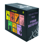 Set of seven classic editions of Fyodor Dostoevsky's works including Crime and Punishment, featuring detailed book covers.