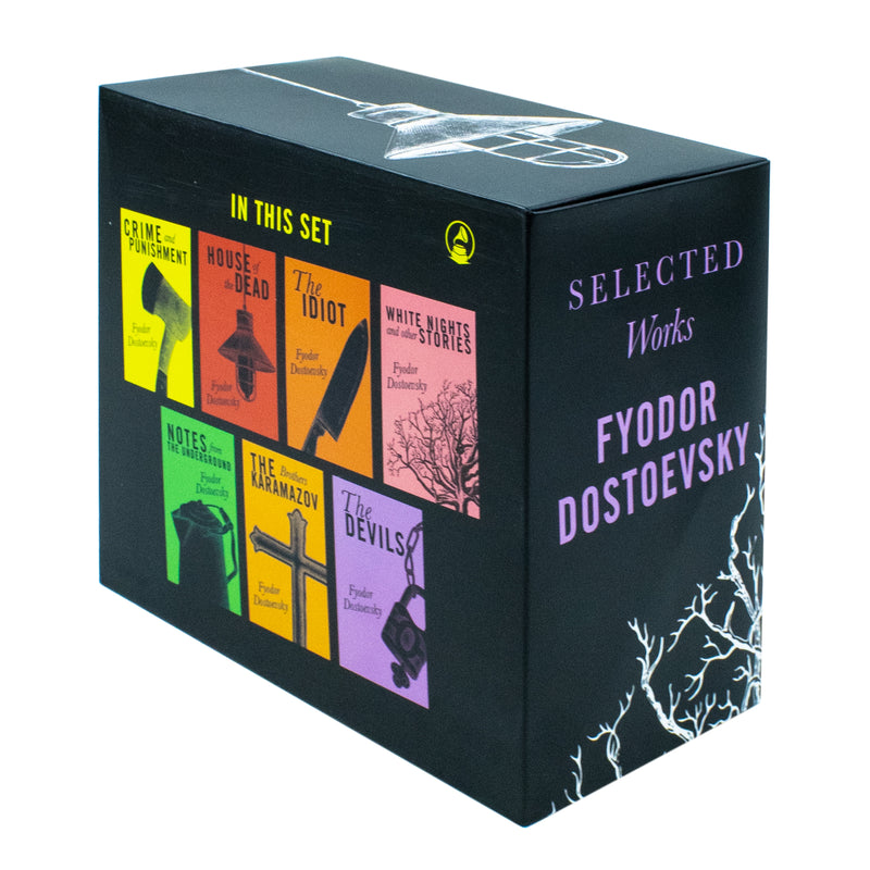 Set of seven classic editions of Fyodor Dostoevsky's works including Crime and Punishment, featuring detailed book covers.