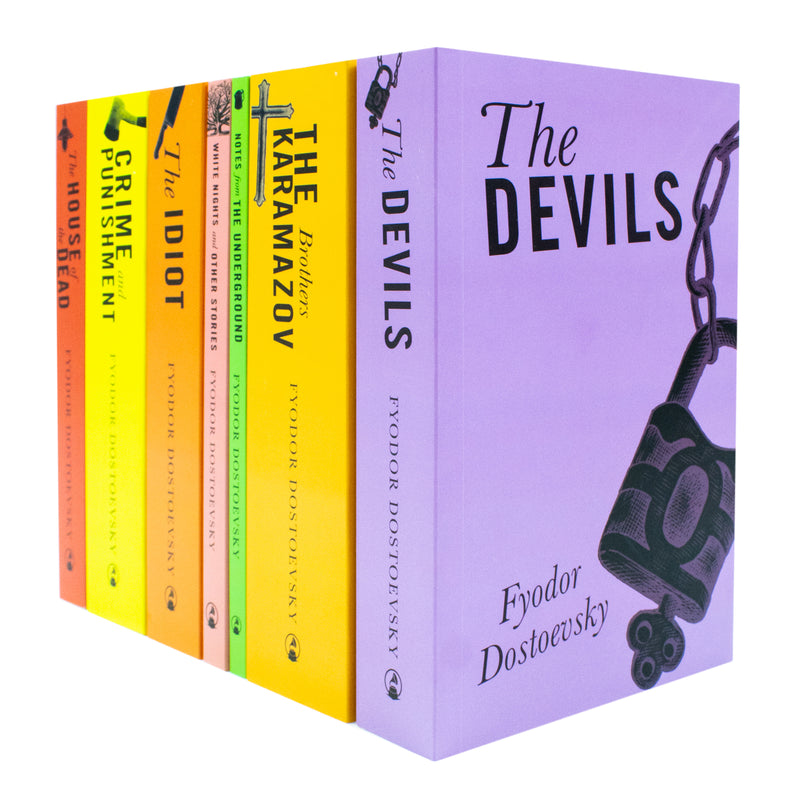 Set of seven classic editions of Fyodor Dostoevsky's works, including Crime and Punishment, in a hardcover book collection.