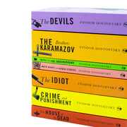 Set of seven classic editions of Fyodor Dostoevsky's works including Crime and Punishment, featuring distinctive cover art.