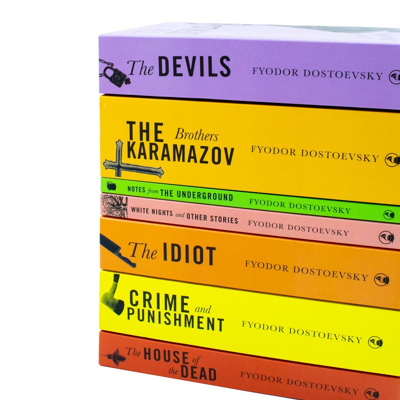 Set of seven classic editions of Fyodor Dostoevsky's works including Crime and Punishment, featuring distinctive cover art.