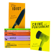Set of 7 classic editions of Fyodor Dostoevsky's works including Crime and Punishment, displayed in a neat book collection.