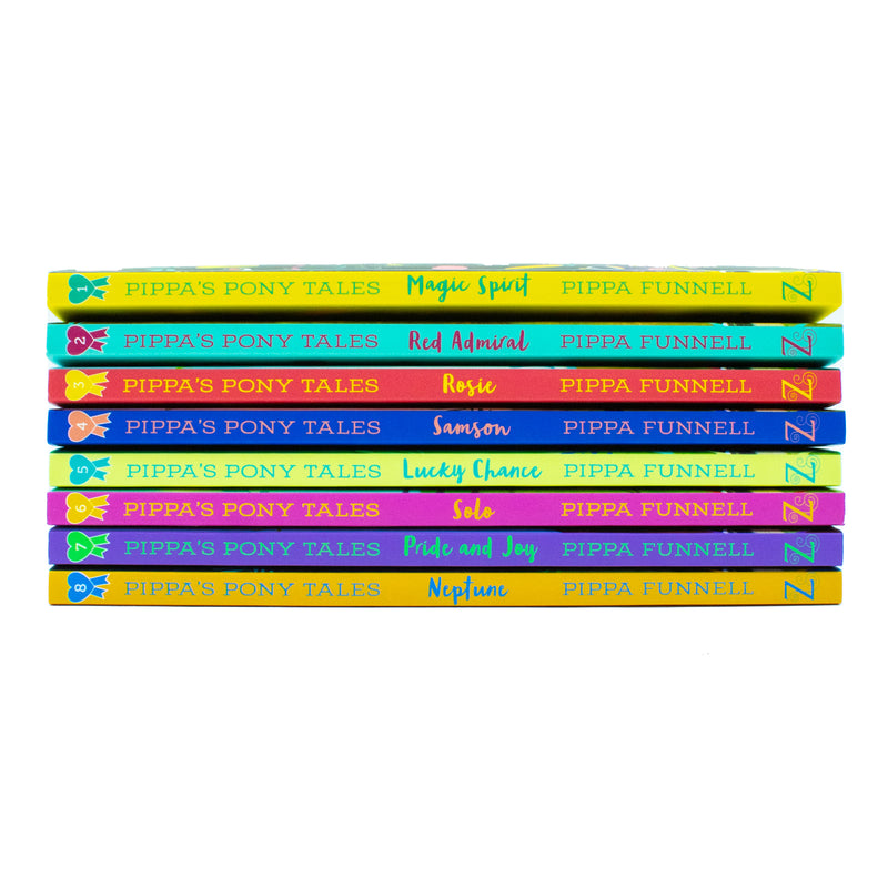 Set of eight Pippa Funnell Pony Tales books by Zephyr Ltd, featuring Magic Spirit, Red Admiral, Rosie, Samson, Lucky Chance, Solo, Pride, and Neptune.