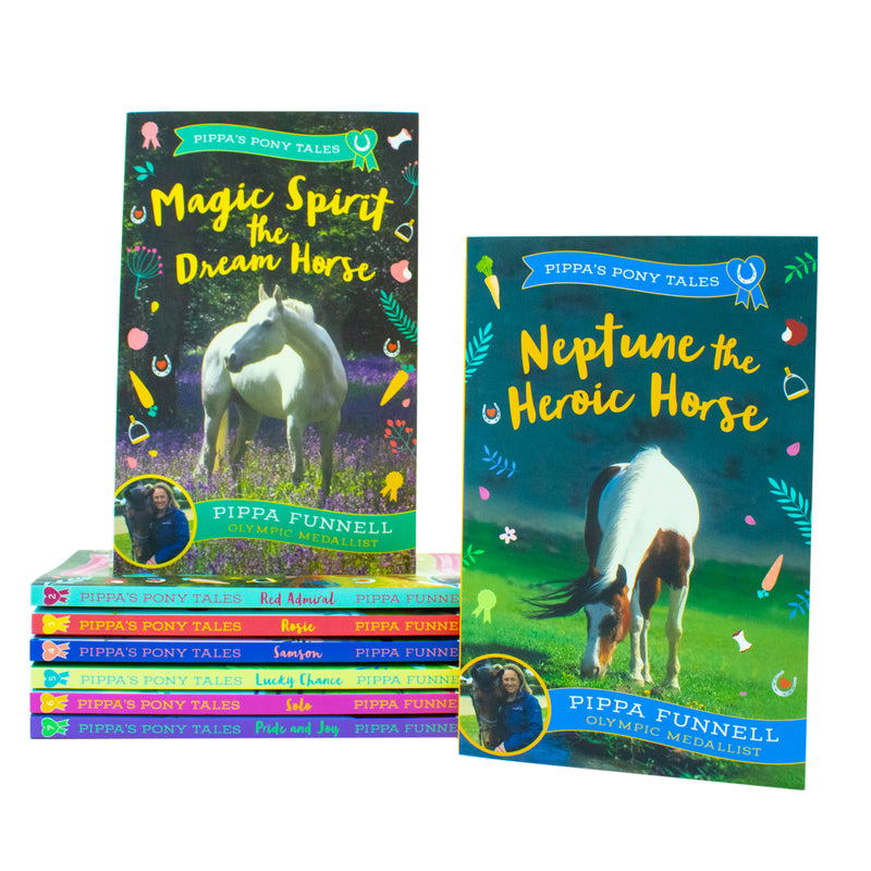 Set of eight Pippa Funnell Pippa's Pony Tales books by Zephyr Ltd, featuring colorful horse-themed covers and illustrations.
