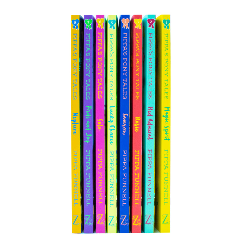 Set of eight Pippa Funnell Pippa’s Pony Tales books by Zephyr Ltd, featuring colorful horse-themed covers.