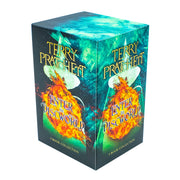 Set of five Terry Pratchett Discworld novels in a collection box, including The Colour of Magic, Mort, and Guards! Guards!