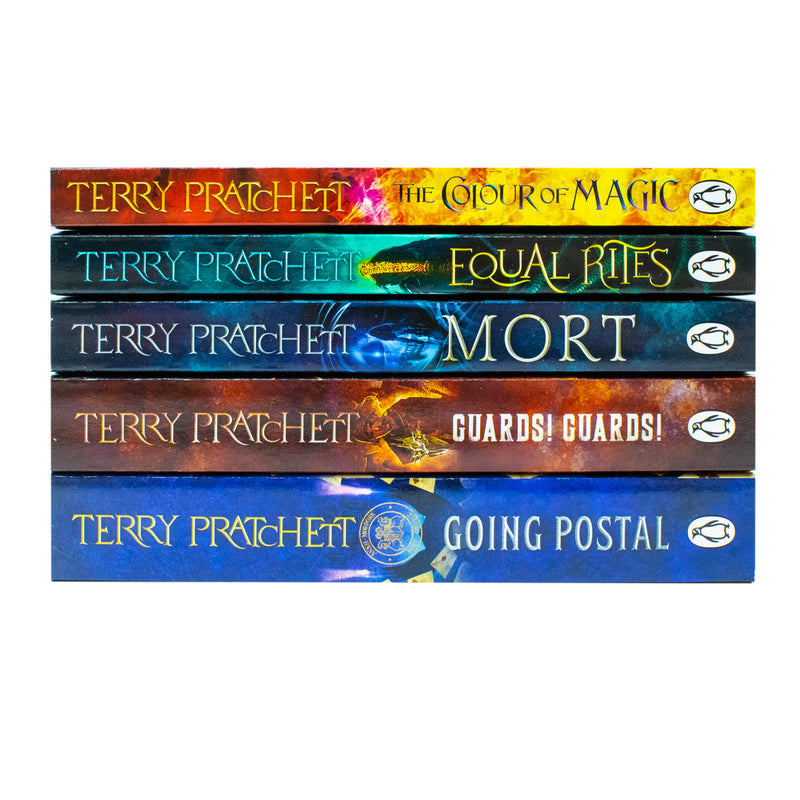Five-book collection of Terry Pratchett's Discworld novels, including The Colour of Magic, Equal Rites, Mort, Guards! Guards!, and Going Postal.