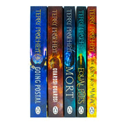 Five-book collection of Terry Pratchett's Discworld novels including The Colour of Magic, Equal Rites, Mort, Guards! Guards!, and Going Postal.