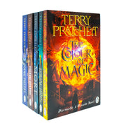 Set of five Terry Pratchett Discworld novels in hardcover, including The Colour of Magic, Equal Rites, Mort, Guards! Guards!, and Going Postal.