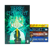 Set of five Terry Pratchett Discworld novels by Penguin UK, including The Colour of Magic and Guards! Guards!, displayed together.