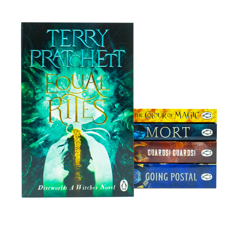 Set of five Terry Pratchett Discworld novels by Penguin UK, including The Colour of Magic and Guards! Guards!, displayed together.