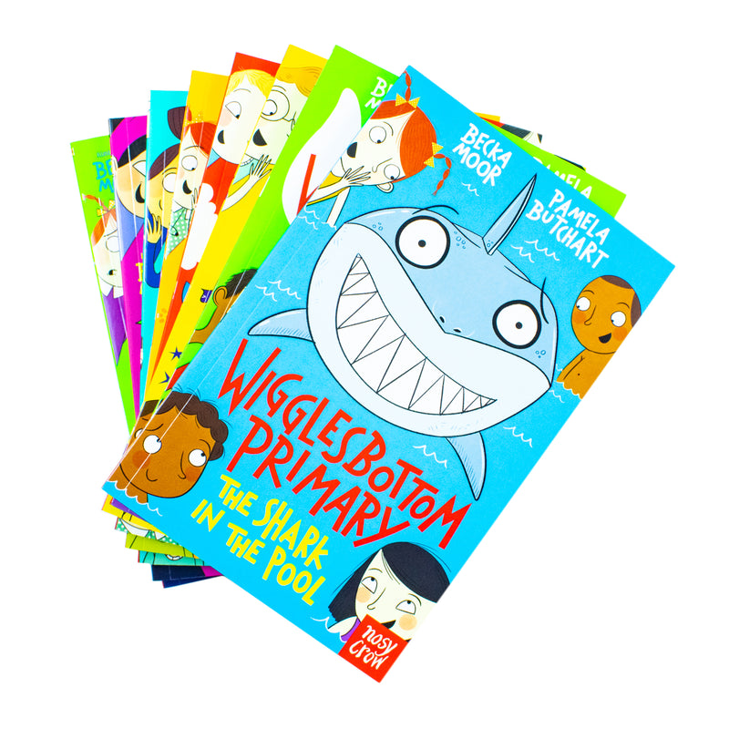 Set of eight Wigglesbottom Primary Series books by Pamela Butchart, featuring colorful covers and playful illustrations.