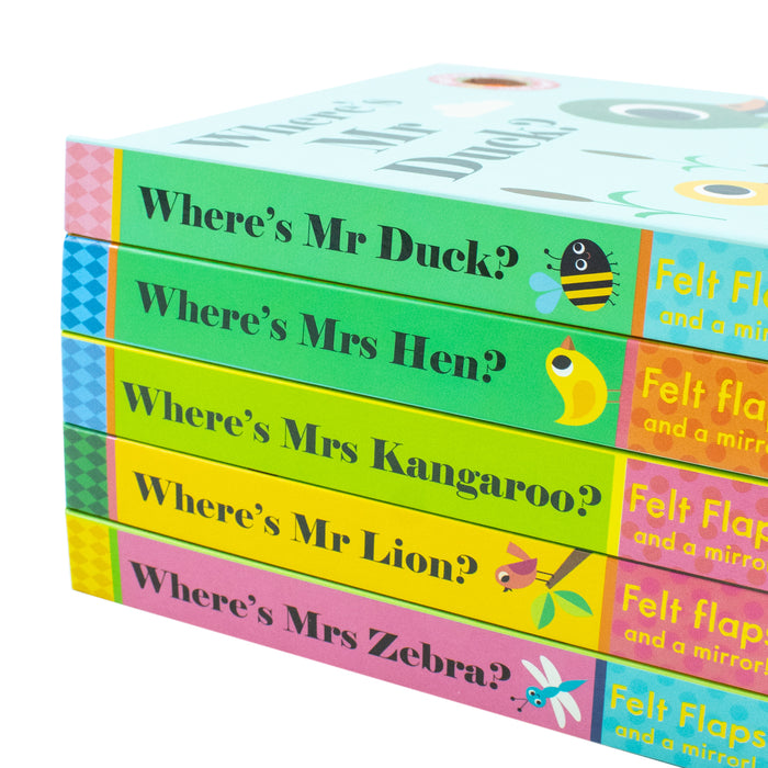 Felt Flaps  And A Mirror! Series 5 Books Collection Set By Ingela P Arrhenius (Where’s Mr Lion ? , Where's Mrs Kangaroo?, Where's Mrs Hen?, Where's Mr Duck?, Where's Mrs Zebra?) - The Book Bundle