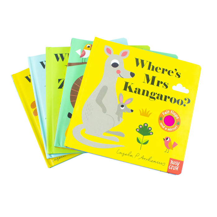 Felt Flaps  And A Mirror! Series 5 Books Collection Set By Ingela P Arrhenius (Where’s Mr Lion ? , Where's Mrs Kangaroo?, Where's Mrs Hen?, Where's Mr Duck?, Where's Mrs Zebra?) - The Book Bundle