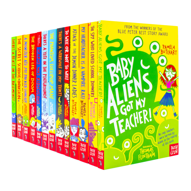 Baby Aliens Series 13 book collection set by Pamela Butchart, Nosy Crow Ltd, featuring colorful book covers and playful alien illustrations.