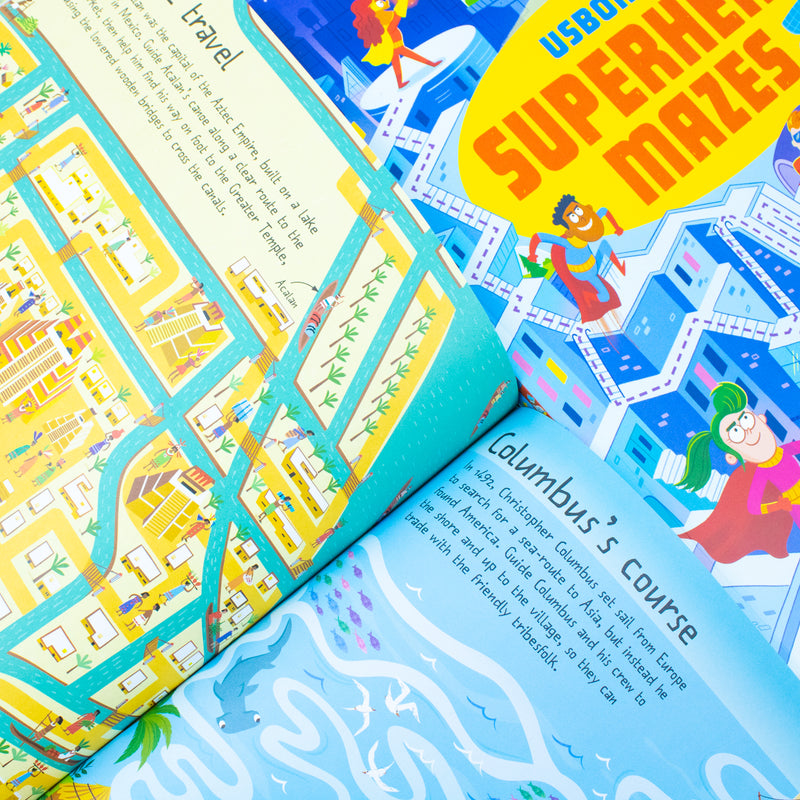 Usborne Maze Series 4-book collection by Sam Smith and Kirsteen Robson, featuring superhero, pirate, ancient, and space maze books.