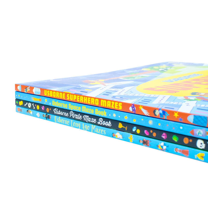 Set of four Usborne Maze series books by Sam Smith and Kirsteen Robson, featuring superhero, pirate, historical, and space maze illustrations.