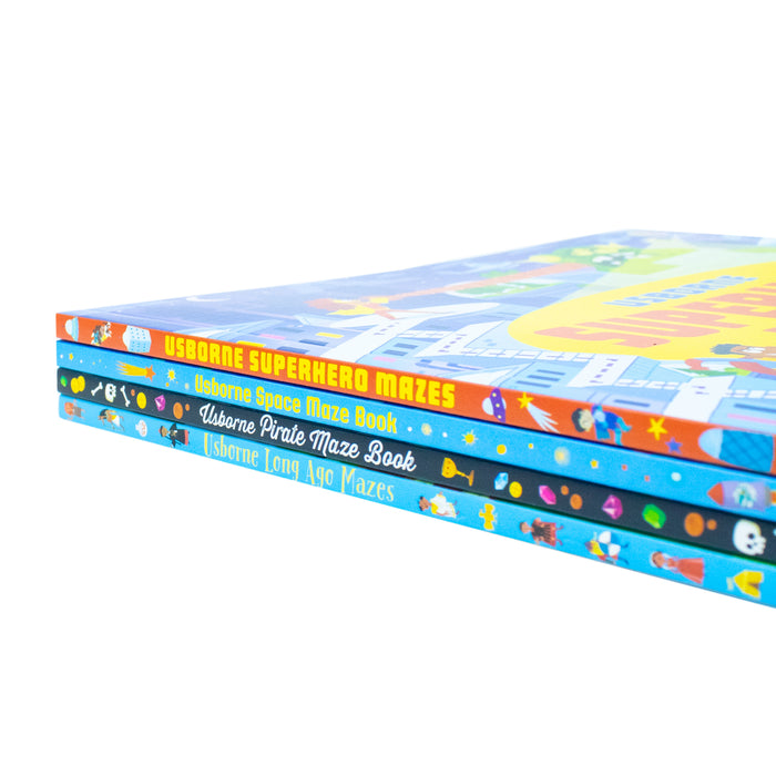 Usborne Maze Series 4 Books Collection Set by Sam Smith & Kirsteen Robson(Superhero Mazes, Pirate Maze Book, Long Ago Mazes & Space Maze Book) - The Book Bundle