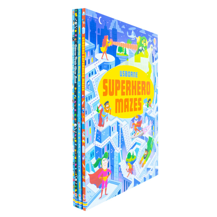 Usborne Maze Series 4 Books Collection Set by Sam Smith & Kirsteen Robson(Superhero Mazes, Pirate Maze Book, Long Ago Mazes & Space Maze Book) - The Book Bundle